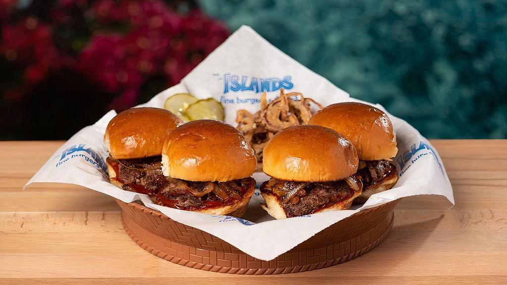 Beachside Sliders  · Four mini burgers with caramelized onions & ketchup. Served with Island Reds & pickles.