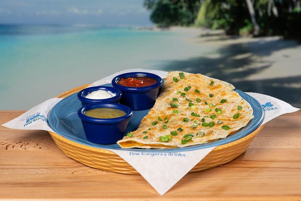 Quesadilla  · Flour Tortilla stuffed with cheddar, jack, green chiles & topped with scallions. Served with sides of sour cream, salsa & salsa verde.