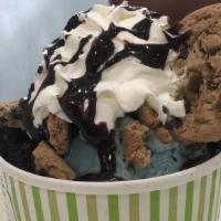 Cookie Monster · Cookie Monster ice cream, crushed Chips Ahoy cookies, crushed Oreo cookies, chocolate fudge ...