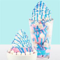 Unicorn · Birthday cake ice cream, unicorn dust, marshmallows, blue marshmallow cream.