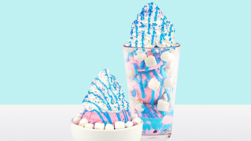 Unicorn · Birthday cake ice cream, unicorn dust, marshmallows, blue marshmallow cream.