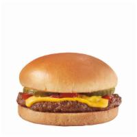 Cheeseburger · One 100% beef patty topped with melted cheese, pickles, ketchup and mustard served on a warm...