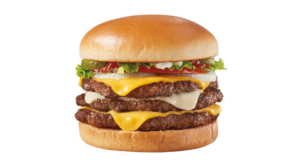 Two Cheese Deluxe 1/2Lb* Triple · A Signature Stackburger with three 100% seasoned real beef patties, topped with perfectly melted Sharp American** and White Cheddar**, tomato, onion, lettuce, pickles, ketchup and mayo on a soft and toasted bun.
*Pre-cooked weight, **Pasteurized process.