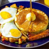 Americano · 2 eggs, meat choice, breakfast potatoes & 2 pancakes or toast. Choose; bacon, sausage or ham.