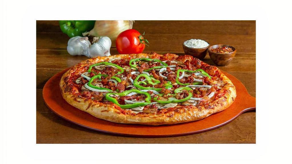 Pizza Factory Gluten-Free Special · Mozzarella cheese, pepperoni, ham, mushrooms, onions, green peppers and bacon.