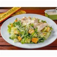 Chicken Caesar Salad · Fresh crisp romaine, all-natural grilled chicken, a generous portion of shredded Parmesan ch...