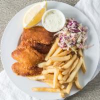 Traditional Fish 'N' Chips · Crispy guinness battered cod served with pub fries & coleslaw.
