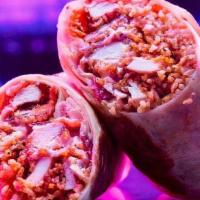 Chicken Cordon Blue Moon Burrito - Cajun Chicken Blue Cheese · flour tortilla rolled up + stuffed with fried chicken, bacon, rice + cajun blue cheese dress...