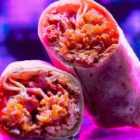 Buffalo Soldier Burrito - Chicken + Bacon · flour tortilla rolled up + stuffed with tater tots, jack cheese, shredded buffalo chicken, b...