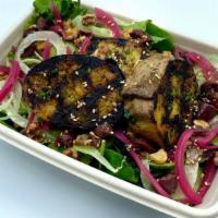 Vegan Grilled Sweet Potato Salad · Cucumber, shaved fennel, pickled red onion, kalamata olive, walnut-sesame dukkah, sunflower ...