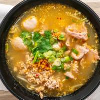 Hollywood Noodle Chicken · Noodles with ground chicken, sliced chicken and fish balls in a spicy and sour broth.meatbal...