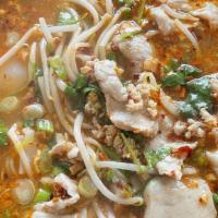 Hollywood Noodle Pork · Noodles with ground pork, sliced pork, meatball in a spicy and sour broth. Hot and spicy.