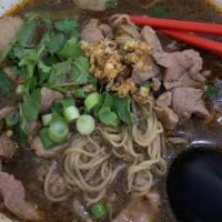 Boat Noodle Pork · Noodles with pork, a pork ball in a flavored broth. Hot and spicy.