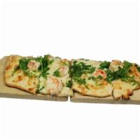 Shrimp Flatbread · Our house-made crust topped with garlic scampi, three cheeses and fresh arugula.
