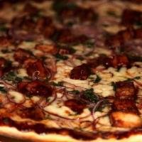 Bbq Chicken Pizza · BBQ chicken, red onions, cilantro, BBQ sauce, and mozzarella cheese.
