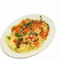 Spaghetti With Tomato, Basil & Olive Oil · Roma tomatoes, fresh sweet basil, garlic, and evo.