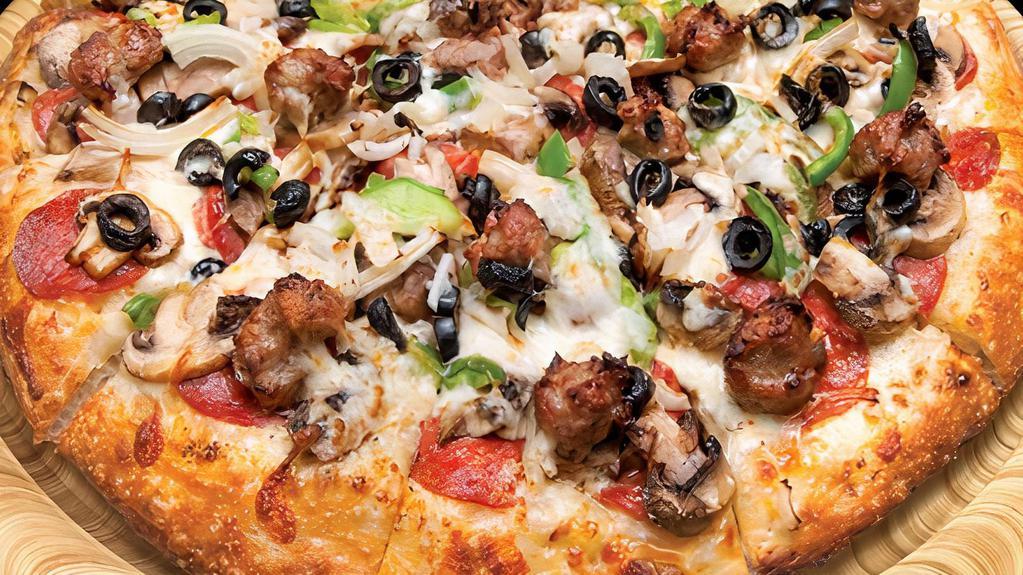  X-Large( 16In)   Combo · Italian dry salami and sausage, pepperoni, ground beef, fresh mushrooms, green bell peppers, black olives and onions.
-