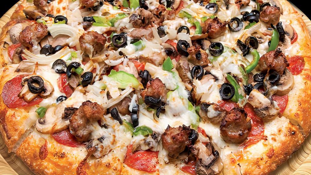 Large /14In) Combo · Italian dry salami and sausage, pepperoni, ground beef, fresh mushrooms, green bell peppers, black olives and onions.