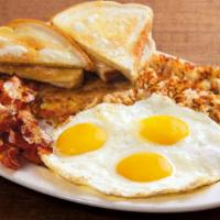 3-Egg Breakfast · 3 cage-free eggs, hand-cracked and cooked any style, with your choice of 4 strips of thick h...