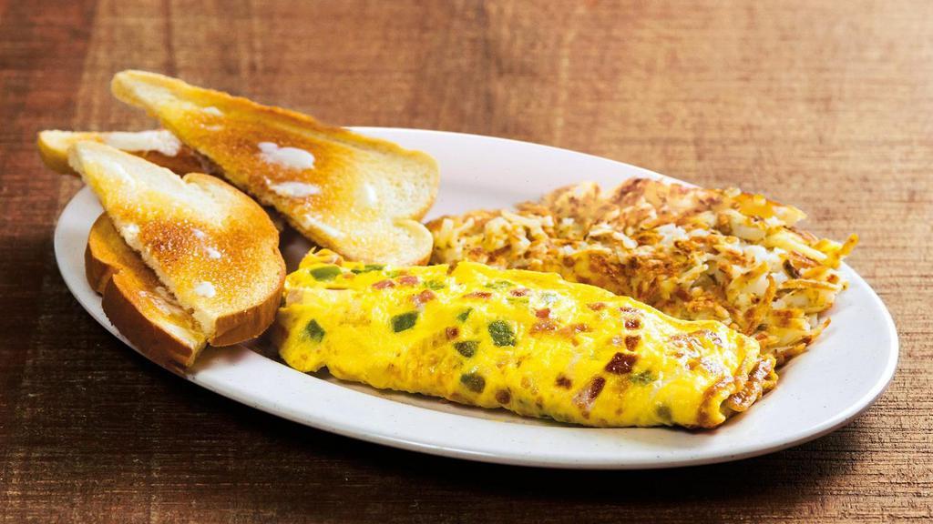 Denver Omelet · A fan favorite. 3 cage-free eggs, hand-cracked and cooked-to-order, with hand-chopped green bell pepper, diced onion, and diced smokehouse-cured ham. Served with your choice of crispy hash browns or freshly sliced tomato or hand-sliced fresh fruit, and toast of your choosing.