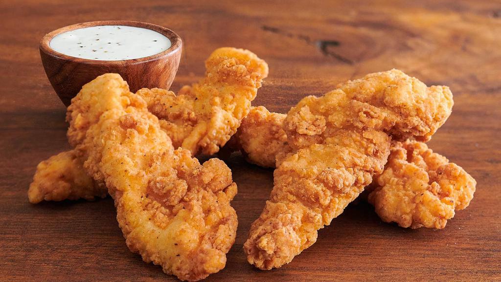 4 Pc Chicken Strips · 4 tender white meat chicken strips, seasoned and battered, and fried to crispy perfection. Enough to share, but you won't want to!