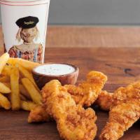 4 Pc Chicken Strips Combo · 4 pc Chicken Strips, Always Crispy Fries®, and a Regular Fountain Drink. 4 tender white meat...