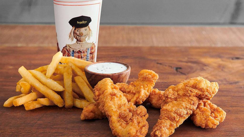 4 Pc Chicken Strips Combo · 4 pc Chicken Strips, Always Crispy Fries®, and a Regular Fountain Drink. 4 tender white meat chicken strips, seasoned and battered, and fried to crispy perfection. Enough to share, but you won't want to!