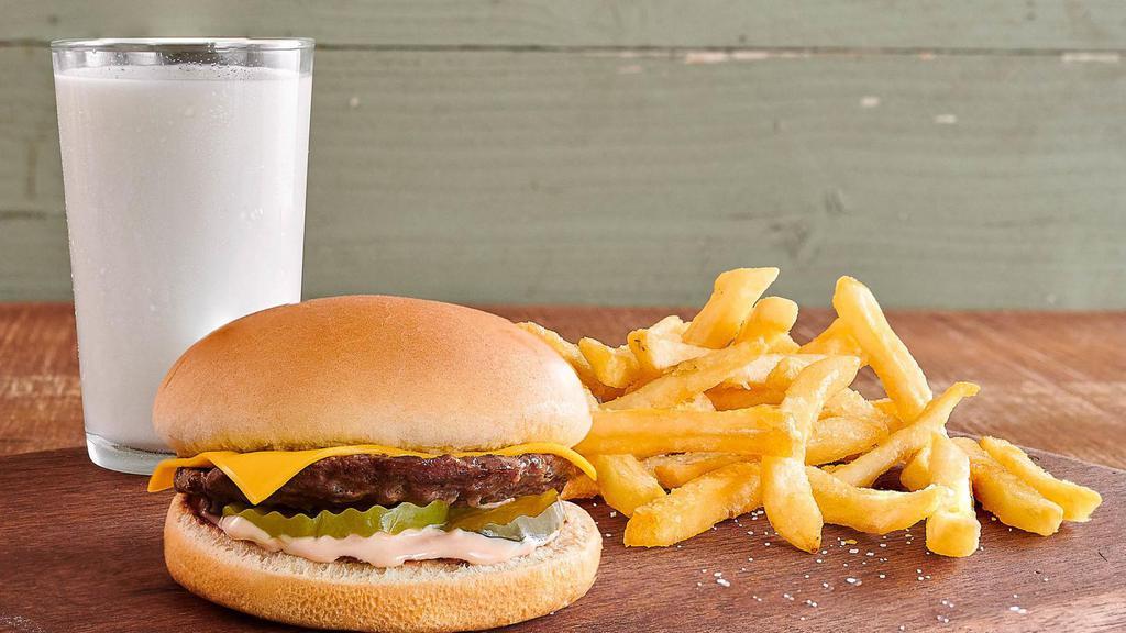 Kid'S Meal Cheeseburger · 100% USDA fire-grilled pure beef and American cheese on a locally-baked toasted brioche bun. Served with milk and your choice of small Always Crispy Fries® or a fresh fruit cup. Nothing but the best for your kids.