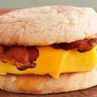 Bacon, Egg & Cheese Muffin · A cage-free egg, hand-cracked and scrambled, topped with hickory-smoked bacon and American c...