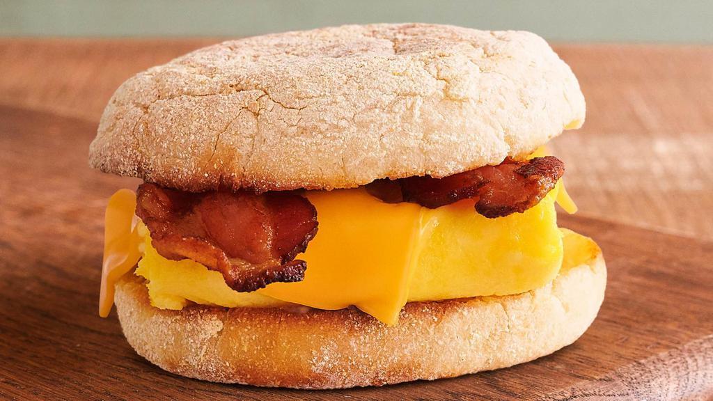 Bacon, Egg & Cheese Muffin · A cage-free egg, hand-cracked and scrambled, topped with hickory-smoked bacon and American cheese on a locally baked English muffin.
