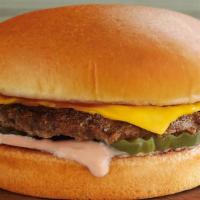 Cheeseburger · A 100% USDA fire-grilled pure beef patty topped with American cheese, dill pickles, and hous...