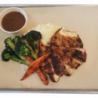 Grilled Chicken Dinner Platter · Wood-fired chicken, garlic herb butter, Yukon gold mashed potatoes, charred broccoli & carro...