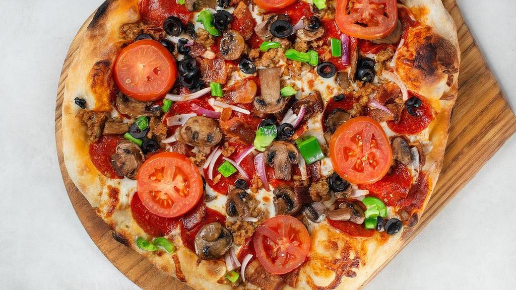 Johnny'S Favorite · Italian sausage, pepperoni, applewood smoked bacon, green bell peppers, mushrooms, black olives, red onions, Roma tomatoes, Mozzarella, Parmesan.