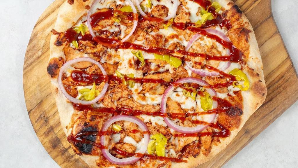 Bbq Chicken · Sliced grilled chicken, barbeque sauce, pepperoncini, red onions, Mozzarella,. Parmesan.