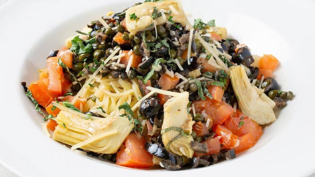 Angel Hair With Artichokes · Angel hair sautéed with Roma tomatoes, garlic, capers, basil, black olives and Parmesan.