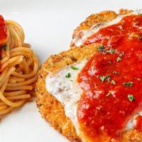 Handmade Parmesan · Our signature recipe. Served with spaghetti and tomato sauce.. Classic Chicken or Grilled Ch...