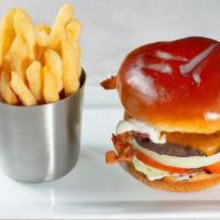 Cheddar, Bacon & Ranch Burger* · Cheddar cheese, Applewood smoked bacon, onion, lettuce, tomato and ranch dressing.. Served w...