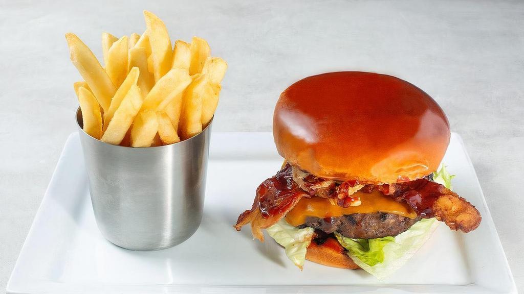 Johnny'S Bbq Bacon Cheeseburger* · Cheddar, onion strings, applewood smoked bacon, lettuce and barbeque sauce. . Served with fries (350 Cal.). We grill our burgers medium-well.