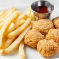 Chicken Nuggets With Fries · Breaded chicken nuggets served with fries and a side of BBQ Sauce.