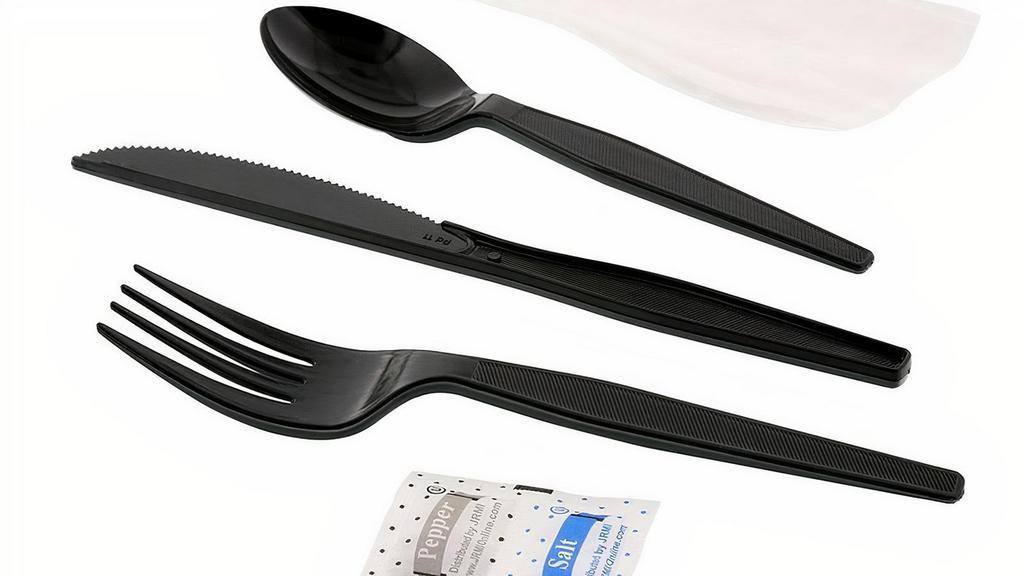 Utensil Set · Includes fork, knife, spoon and napkin. Please note we limit 1 utensil set per entrée.