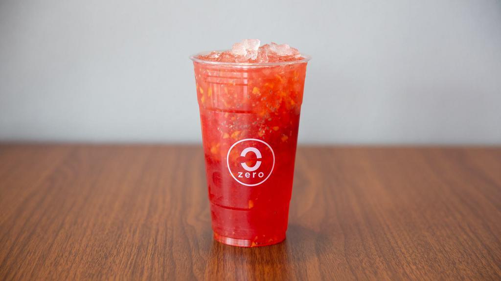 Strawberry Bliss · Strawberry peach green tea with fresh strawberry, peach, and chia seed.