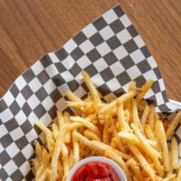 Garlic Butter Salt Fries · Crispy fries with house made garlic butter sauce and cotija cheese