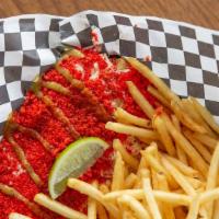 Xxtra Flamin Hot Cheetos Elotes Combo · Classic elotes topped with xxtra flamin hot cheetos and a side of fries.
