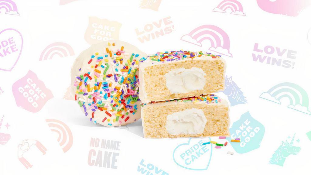 Pride Cake - Limited Edition · A vanilla cake filled with creamy frosting, covered in a candy coating and topped rainbow sprinkles. A portion of every Pride Cake sold supports The Trevor Project, the world’s largest suicide prevention and crisis intervention organization for LGBTQ young people.*