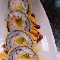 Super Crunch Roll · Fried roll with tuna ,salmon, white fish ,yellow tail, crab stick, avocado,caviar inside.