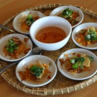 Bánh Bèo Tôm Tươi - Steamed Rice Flour Cake · 6 - mini rice cake topped with fresh minced shrimp, fried shallots, chicharrones & scallion ...