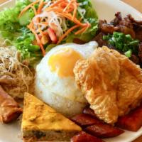 Cơm Tám Bốn Mùa (Special) · Contains gluten. House special broken rice - topped with egg, shredded pork, steamed egg mea...