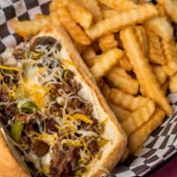 Philly Cheese Steak Sandwich · Hot Philly cheese steak(swiss) sandwich on toasted hoagie, with peppers and onions and mayon...