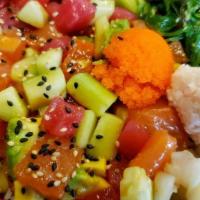 Paseo Bowl · salmon, Ahi Tuna, cucumber, avocado with house poke sauce, california krab, masago, seaweed ...