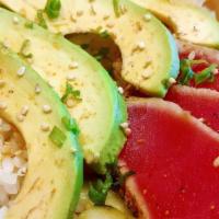 Seared Tuna & Avocado Bowl · Seared Ahi tuna, avocado, w/ cucumber & seaweed salad, sushi rice, ginger, wasabi, yimo sauce